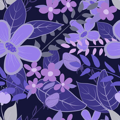 Floral rustic ornament from purple flowers and leaves on a dark background. Seamless pattern.
