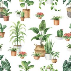 Watercolor vector seamless pattern of indoor green plants in pots.