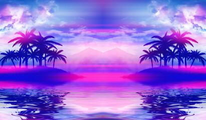 Fototapeta na wymiar Beach party empty scene background. Tropical palms against a background of mountains, water reflection, neon lighting, laser show. 3d illustration
