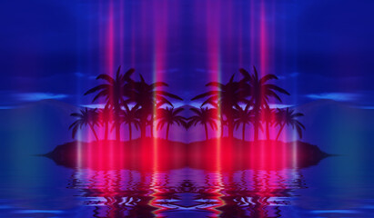 Beach party empty scene background. Tropical palms against a background of mountains, water reflection, neon lighting, laser show. 3d illustration