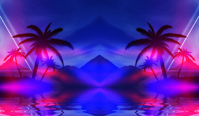 Fototapeta na wymiar Abstract futuristic background. Silhouettes of palm trees on a t