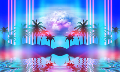 Abstract futuristic background. Silhouettes of palm trees on a tropical island are reflected on the water, neon shapes against the background of an ultraviolet cloud. Beach party. 3d illustration