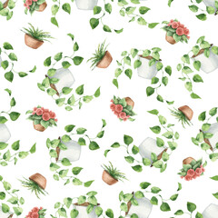 Watercolor vector seamless pattern of indoor green plants in pots.