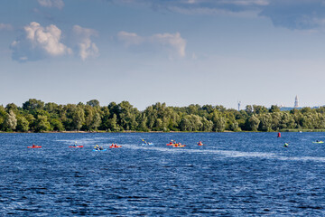 Fototapeta na wymiar Kayaking on the river in clear weather