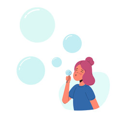Young girl blowing bubbles isolated on white background. Flat vector illustration.