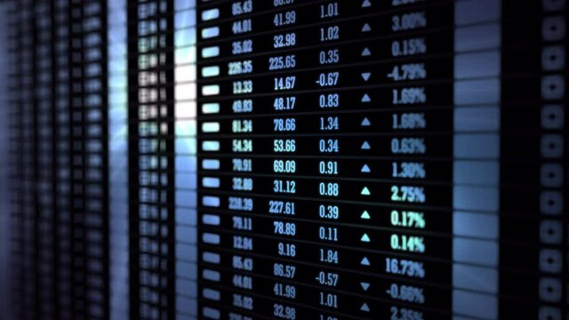 stock market index commodity ticker feed news board line on black background-new quality financial business animation dynamic motion video frames. Soft Selective Focus.