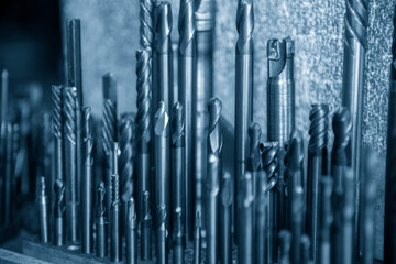 The collection of the  used solid  carbide endmill tools for CNC milling machine .The  cutting  tool for machining center.