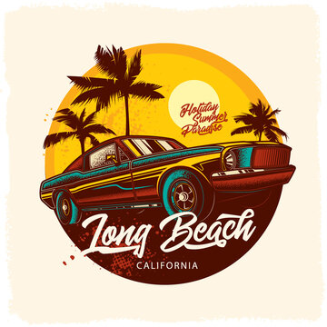 Original vector illustration in vintage style. Custom vintage car on the background of palm trees and the sun. Design a T-shirt, sticker, or poster.