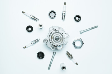 Part isolated. Set of new metal car part. Auto motor mechanic spare or automotive piece isolated on...