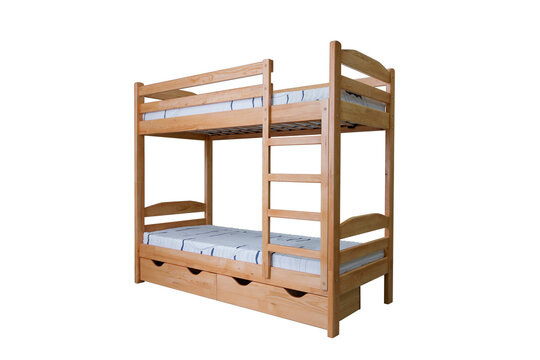 lacquered wooden bunk bed with mattresses on transparent background