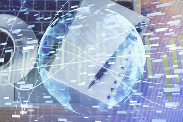 Multi exposure of business theme drawing and work table top veiw. Concept of international finance.