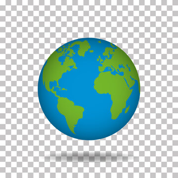 Earth globe with green continents and blue water. 3D world planet on transparent background. Spherical model of Earth