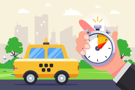 a fast taxi goes to the call. timed the arrival of a taxi with a stopwatch. flat vector illustration.