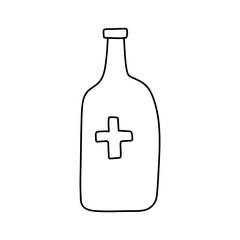 Medicine pill bottle with a cross. Vector hand drawn illustration in doodle style. Medical first aid kit