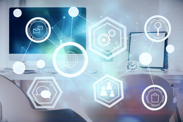 Double exposure of social network theme drawing and office interior background. Concept of web.