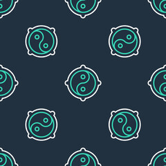 Line Yin Yang symbol of harmony and balance icon isolated seamless pattern on black background. Vector.