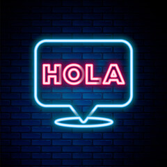 Glowing neon line Hola icon isolated on brick wall background. Colorful outline concept. Vector. © vector_v