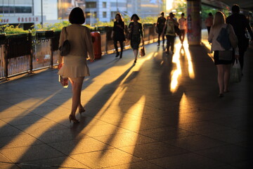 office lady walk in sunset at hong kong central street view