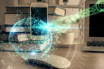 Double exposure of data theme drawing and mobile phone background. Concept of innovation
