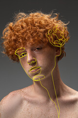 Art portrait of young man, fashion model with abstract geometrical drawings by modern one line...