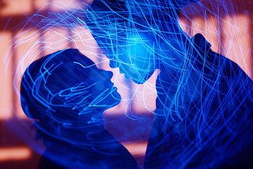 Silhouette of loving young couple standing face to face at Valentines day dating. Double exposure with abstract lines image