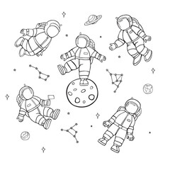 Doole set of little astronauts. Cartoon linear vector hand drawing icons isolated on white background.