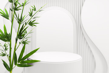 Tropical  Podium minimal geometric and bamboo japanese decoration .3D rendering