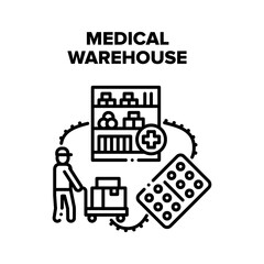 Medical Warehouse Storage Vector Icon Concept. Medical Warehouse Storaging Shelves And Worker Transportation And Carrying Medicaments On Cart. Medicine Drugs Package Black Illustration
