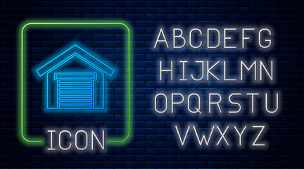 Obraz premium Glowing neon Garage icon isolated on brick wall background. Neon light alphabet. Vector.