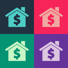 Pop art House with dollar symbol icon isolated on color background. Home and money. Real estate concept. Vector.