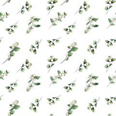 Obraz na płótnie Canvas seamless pattern. Watercolor illustration, leaves and snowberries on white background. for printing, textiles, cards, invitation, wedding