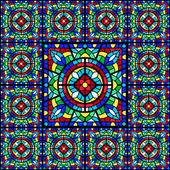 Stained-glass window with colored piece.