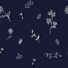 Seamless pattern with flowers and herbs. White outlines on a dark blue background. Vector illustration in doodle style