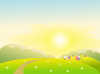 Vector illustration of a summer landscape. Sun, meadow, flowers, trees and village houses.