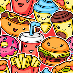 Seamless pattern with cute kawaii fast food meal.