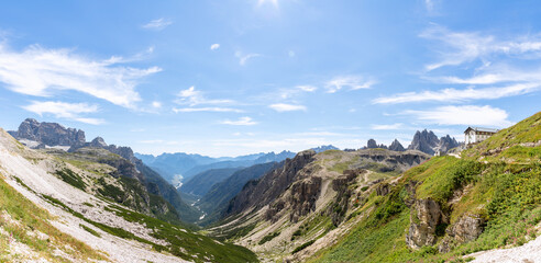 Beautiful panoramic view of the valley with the Lake Misurina (Lago di Misurina) National Park Tre Cime di Lavaredo. Italy