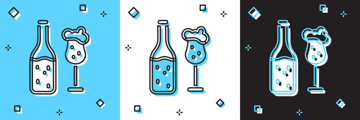 Set Beer bottle and glass icon isolated on blue and white, black background. Alcohol Drink symbol. Vector.