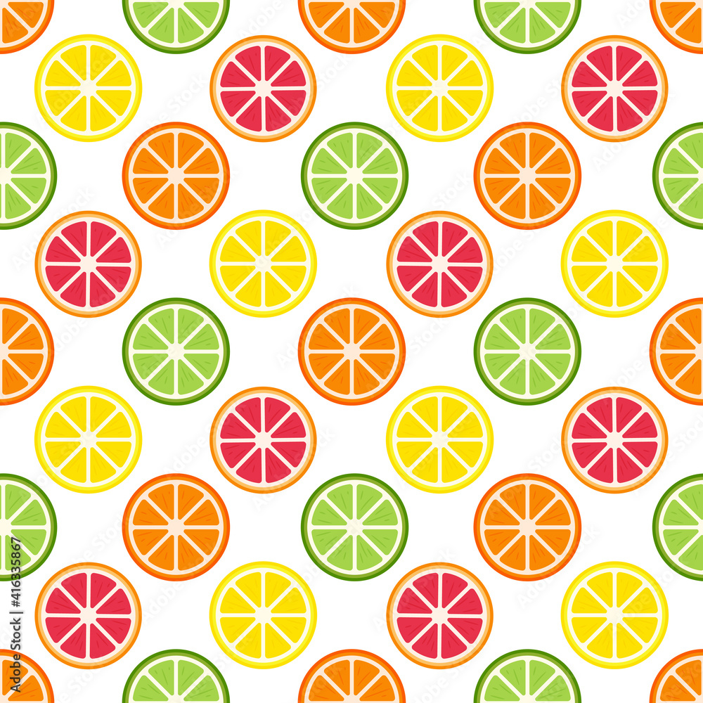 Poster Seamless pattern with citrus fruits. Summer geometric pattern with fruit slices. Flat elements are isolated.Transparent background. For the design of kitchen accessories, clothing, and food packaging.