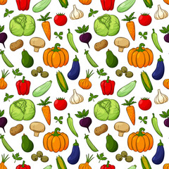 Seamless pattern with different vegetables. Colored hand-drawn linear elements with an outline are isolated on a transparent background. For the design of kitchen accessories and food packaging.