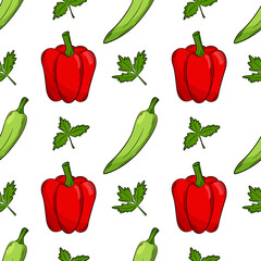 Seamless pattern with peppers and parsley. Bright, juicy, summer pattern with vegetables. Color elements in the linear style are isolated. For the design of kitchen accessories and food packaging