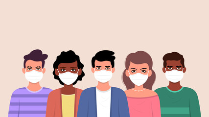 Group of people wearing medical mask to prevent from corona virus. Vector illustration