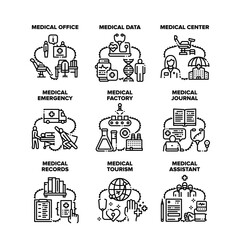 Medical Emergency Set Icons Vector Illustrations. Medical Center Office And Factory For Medicaments Production, Assistant And Doctor, Journal And Data, Tourism And Records Black Illustration