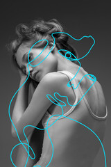 Art portrait of young couple, fashion models with abstract geometrical drawings by modern one line style technique. Contemporary art, beauty, colors, glamour, inspiration. New look of paintography.