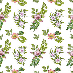 Hand drawn floral seamless pattern of green leaves on white background. Colored pencils. Perfect for your design.