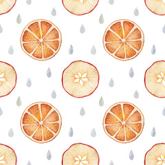 Autumn seamless pattern with orange and apple slices and raindrops