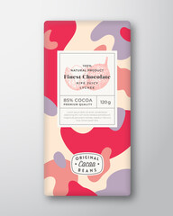 Lychee Chocolate Label. Abstract Shapes Vector Packaging Design Layout with Realistic Shadows. Modern Typography, Hand Drawn Fruit Silhouette and Colorful Camouflage Pattern Background. Isolated