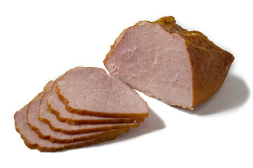 Appetizing baked sliced meat isolated on white background close-up