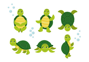 Cartoon set of cute turtle. Turtle happy animal, tortoise cute and cheerful. Vector illustration