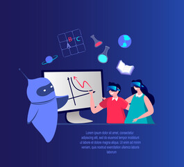 Virtual Reality Concept.Students Children Study, do Homework Wear VR Headset.Get Education.Future technology.Online learning. Smart Cyber Robot Help Pupils Teach in Internet.Flat vector illustration