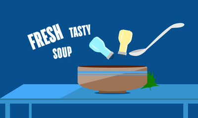 Fresh tasty soup text flat vector cartoon illustration